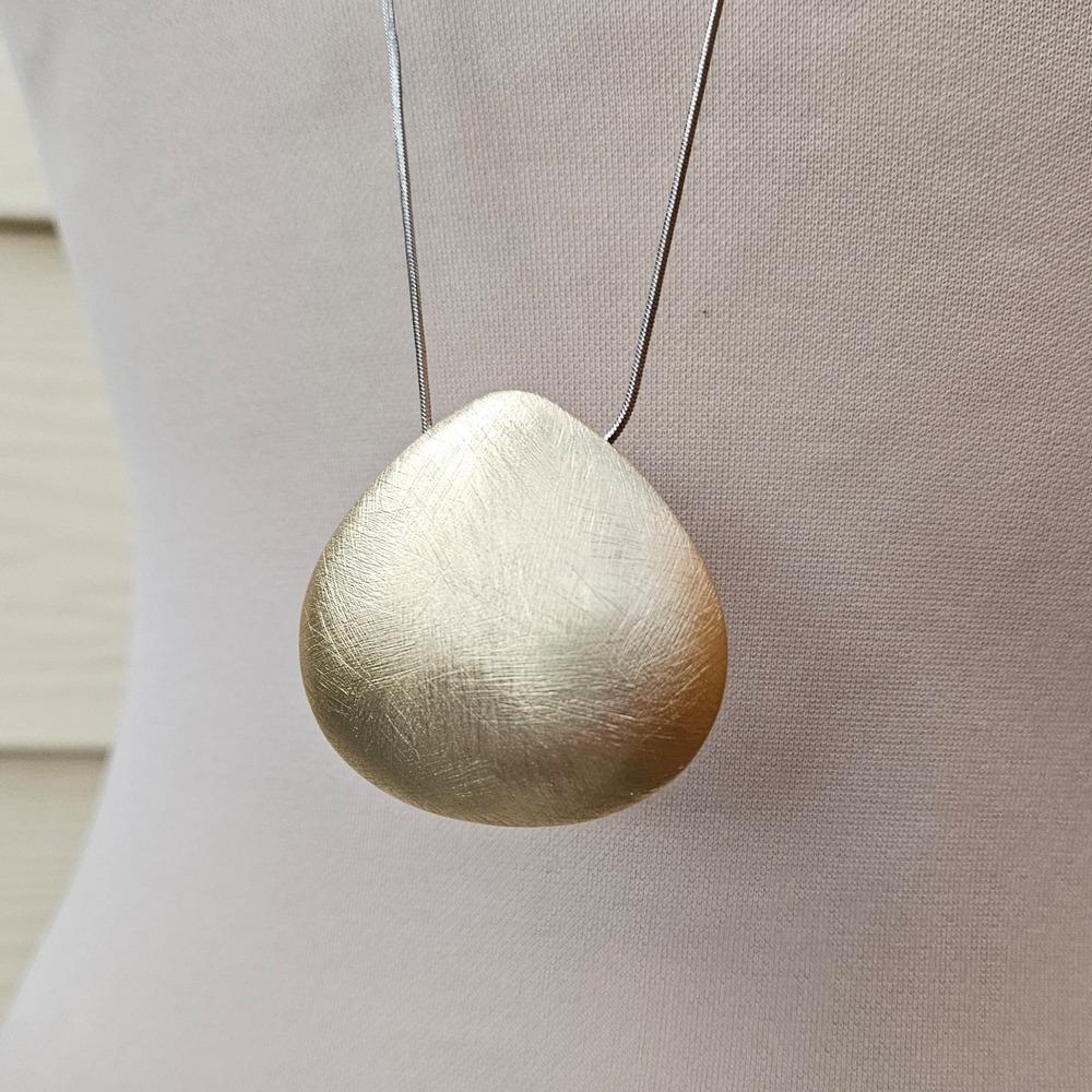 Chicos Two Tone Silver Gold Brushed Teardrop Long Pendant Necklace Minimalist